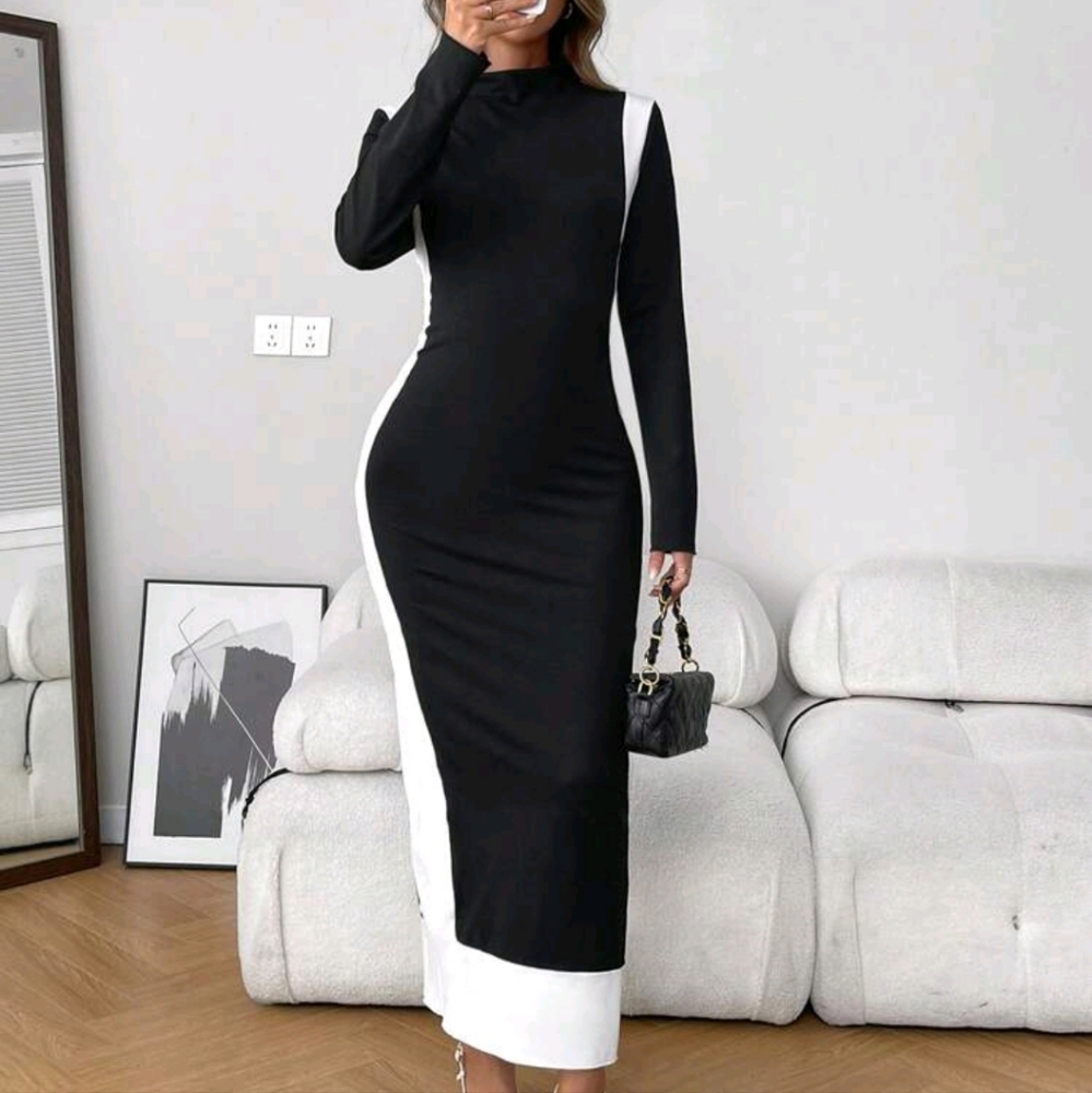 Women's Elegant Casual Black & White Splice Long Sleeve Mid-Length Dress - Picture 4 of 4